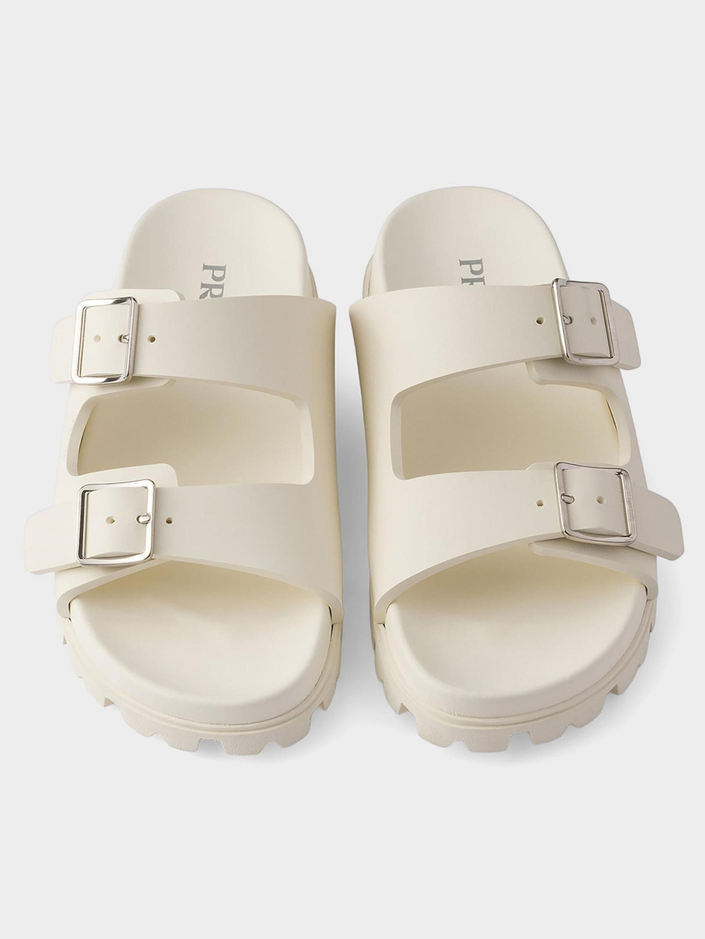 Prada Off White Double Strap Buckle Slide Sandals Size 10